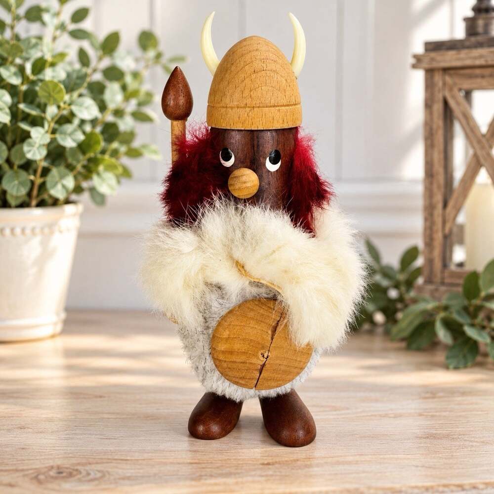 Vintage Wooden Viking Figurine Fur Cape Horned Helmet Shield Spear 8" Denmark